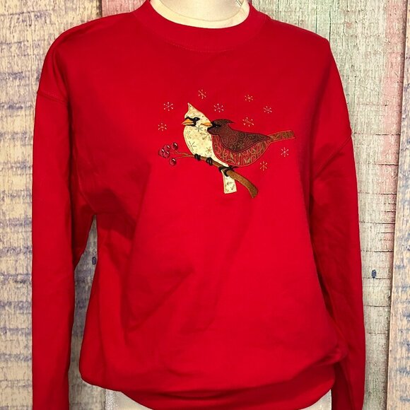 Vintage Cardinal Bird Sweatshirt Red Crewneck Embroidered Medium Christmas - Picture 5 of 5